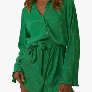 Green Button Up Pleated Dress